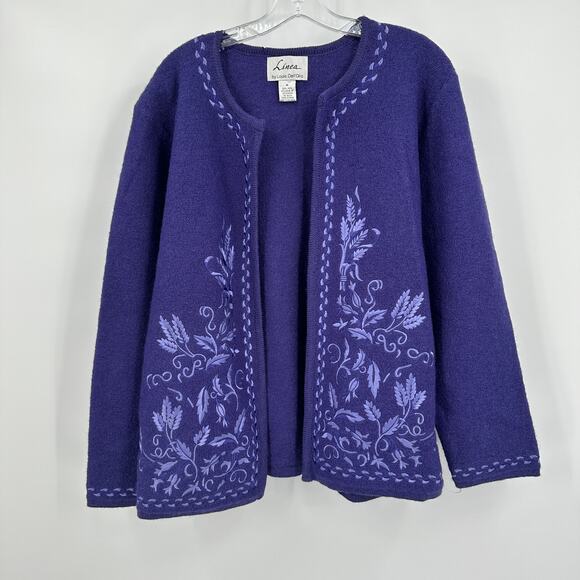 Linea by Louis Dell Olio Women Cardigan Size M Wool Purple Embroidered Folk FLAW - Picture 1 of 8